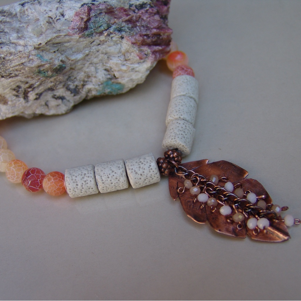 Copper Leaf Crackled Agate Necklace Handcrafted By Sandy Robinson Jewelry.